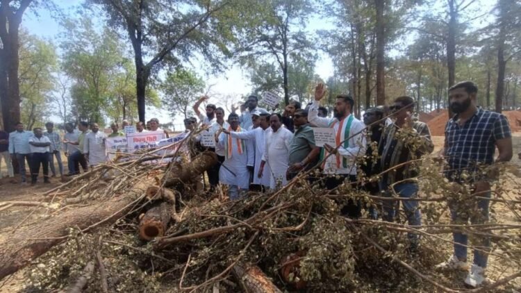फिल्म सिटी अटल नगर में पेड़ों के कटाई के विरोध में कांग्रेस का धरना