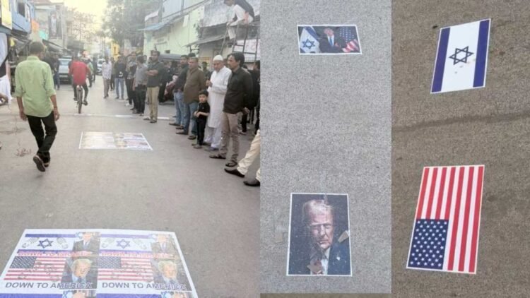 रायपुर में विरोध प्रदर्शन, ट्रंप और इजराइल के खिलाफ पोस्टर फेंके गए