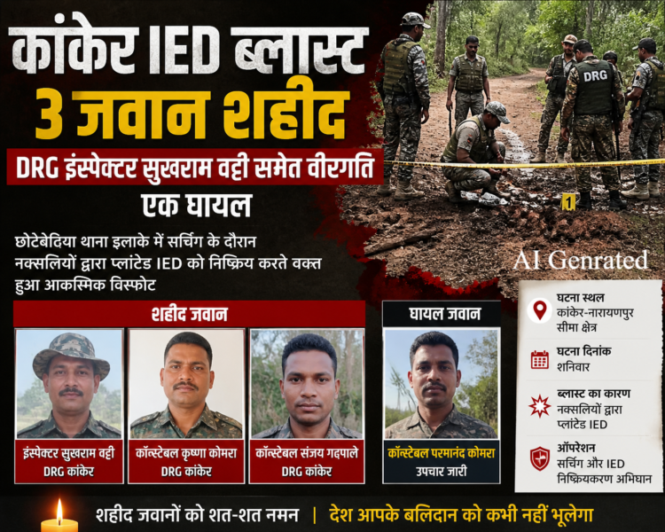 कांकेर IED ब्लास्ट: 3 जवान शहीद, DRG इंस्पेक्टर सुखराम वट्टी समेत वीरगति, एक घायल