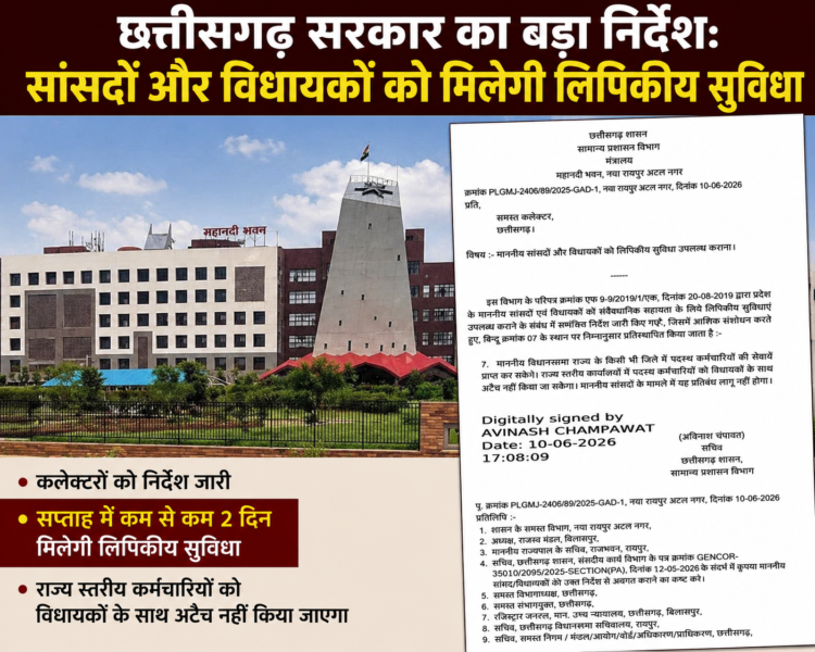 छत्तीसगढ़ सरकार का बड़ा निर्देश: सांसदों और विधायकों को मिलेगी लिपिकीय सुविधा