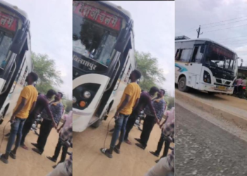 चलती बस के सामने गुंडागर्दी, बेल्ट लहराकर चालक को डराया-धमकाया, VIDEO वायरल