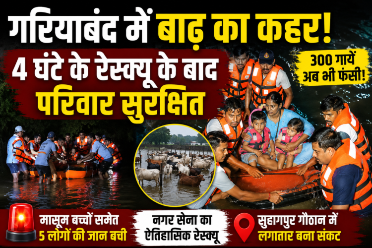 गरियाबंद में बाढ़ का कहर, 4 घंटे के रेस्क्यू के बाद परिवार सुरक्षित