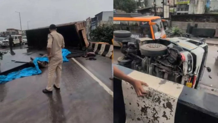 अनियंत्रित ट्रक ओवरब्रिज पर पलटा, सड़क पर बिखरा मलबा, लगा जाम